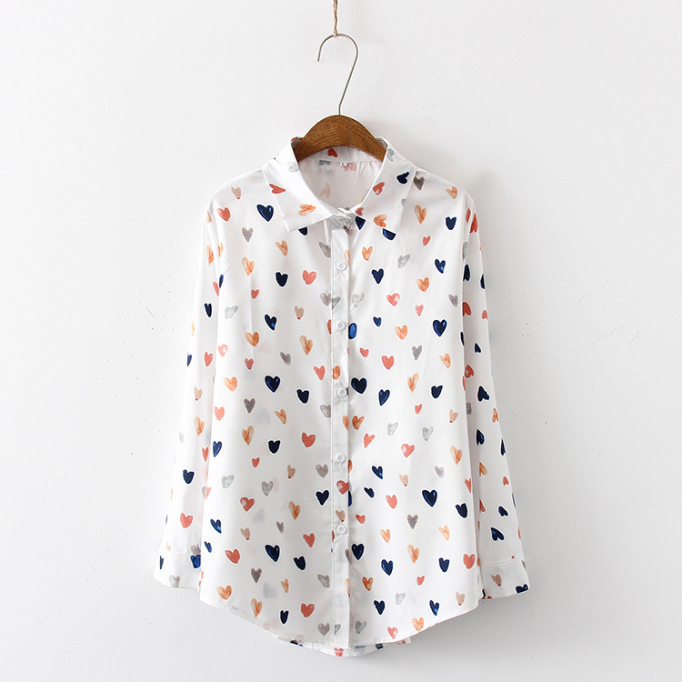 2024 Women White Shirt Turn-Down Collar Blouse Chic Top Multicolor Love Heart Painting Print Long Sleeve Casual Blouse For Women