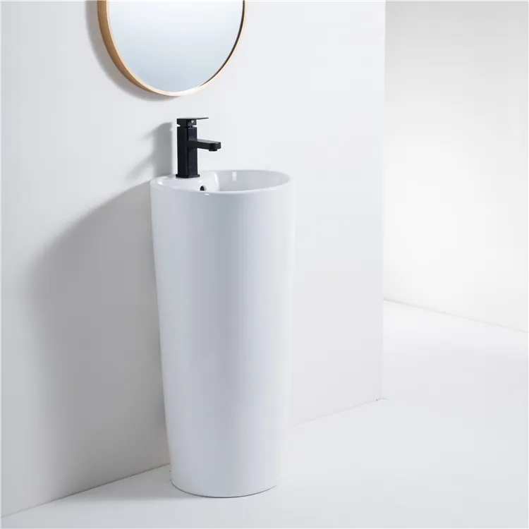 Wholesale cheap modern hotel freestanding one piece sanitary ware round bathroom ceramic hand wash pedestal sink basin