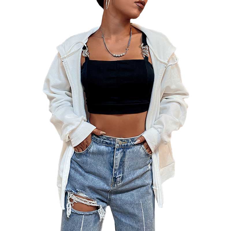 2021 Casual Cotton Fall Clothing Solid Drop Shoulder Zip Clothes Hoodies For Women