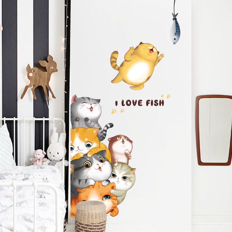 kids room decoration 3d cartoon cats wall painting sticker for door