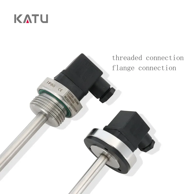 Brand KATU float level switch used in pint-sized water oil flume to measure liquid height and temperature