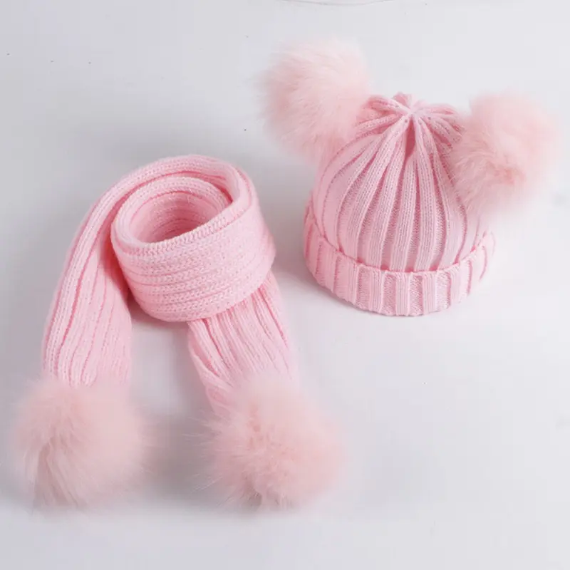 New Scarf with Baby Beanie Thicken Warm Knitted Kids Hat Cute Winter Ball Hats set