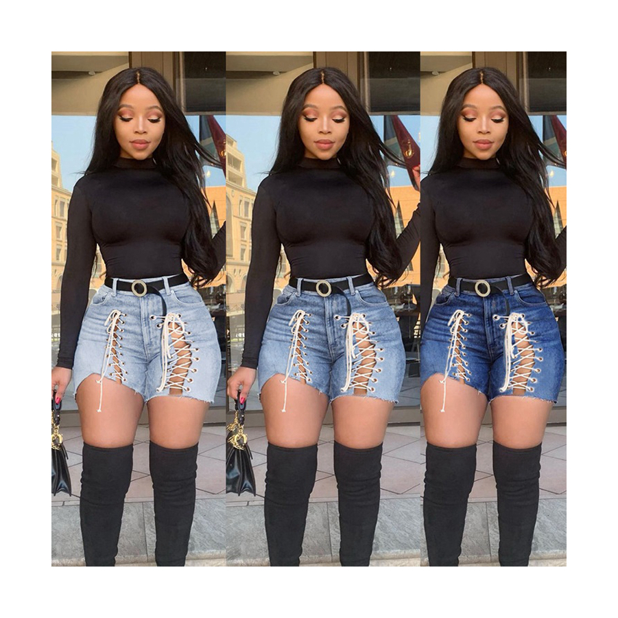 Sexy High Waist Lace-up Design Breathable Hot Pants Summer Clothes Tight Denim Shorts For Women
