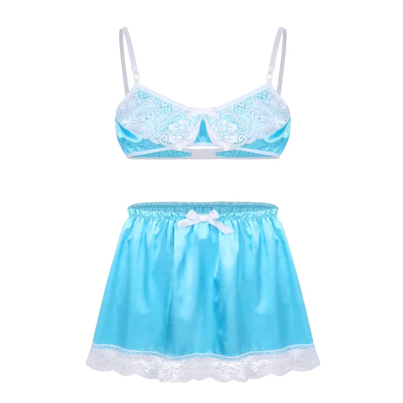 Low Price Silky Satin Lace Bra Top with Mini Skirt Sleepwear Sissy Lingerie Set For Men