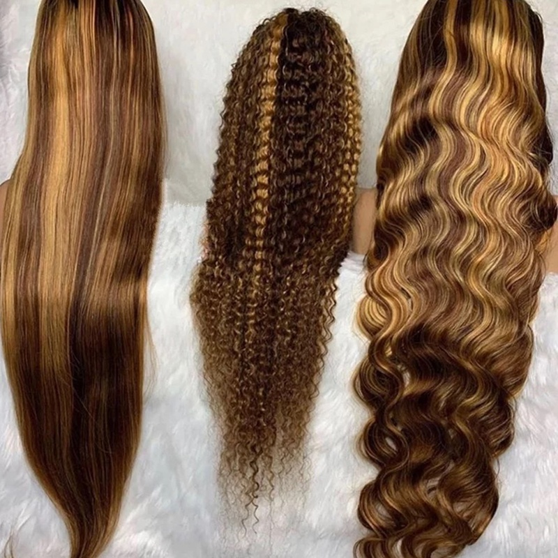 Shy Design Honey Blonde Highlight Wigs,Color 4/27 Highlighted Lace Front Human Hair Full Lace Frontal Wigs,Brown Highligt Wig