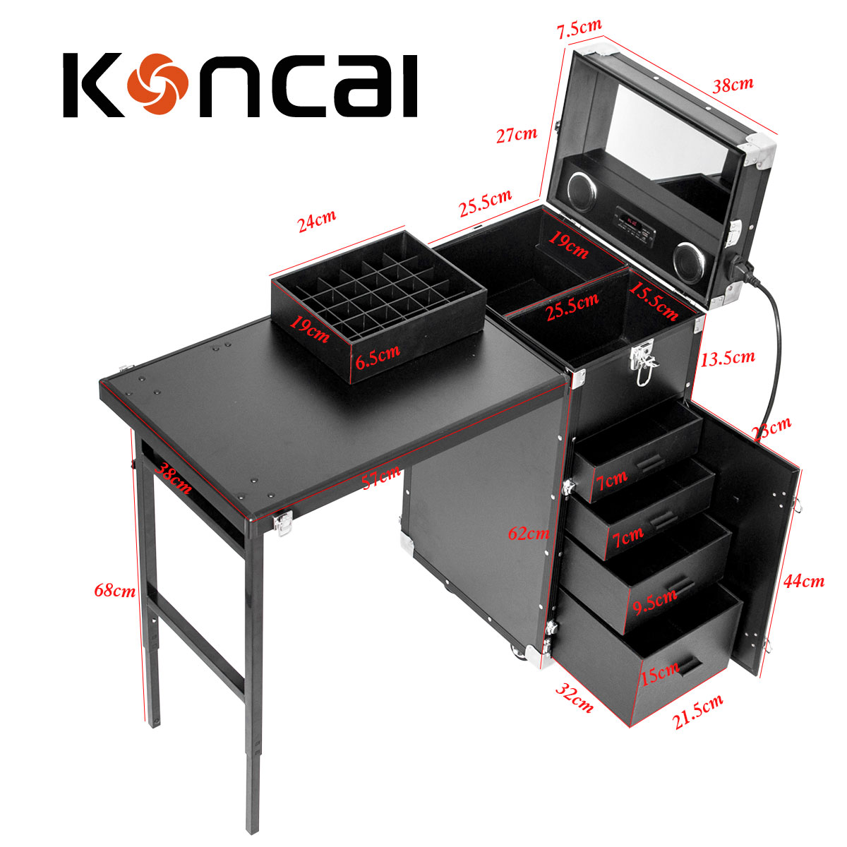 KONCAI многофункциональная тележка для макияжа, чехол для ногтей, Косметический лак для ногтей, чехол для хранения с настольным зеркалом, динамик