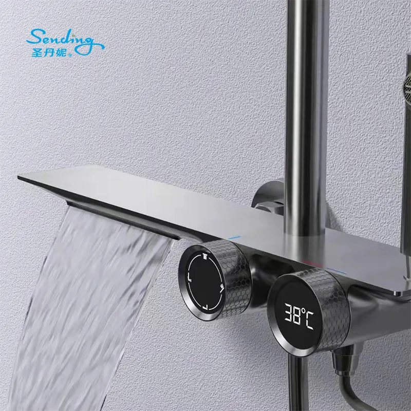 New Design Luxury 3-Function Gunmetal Color Digital Display Bathroom Shower System Faucet Set with Waterfall Tub Faucet