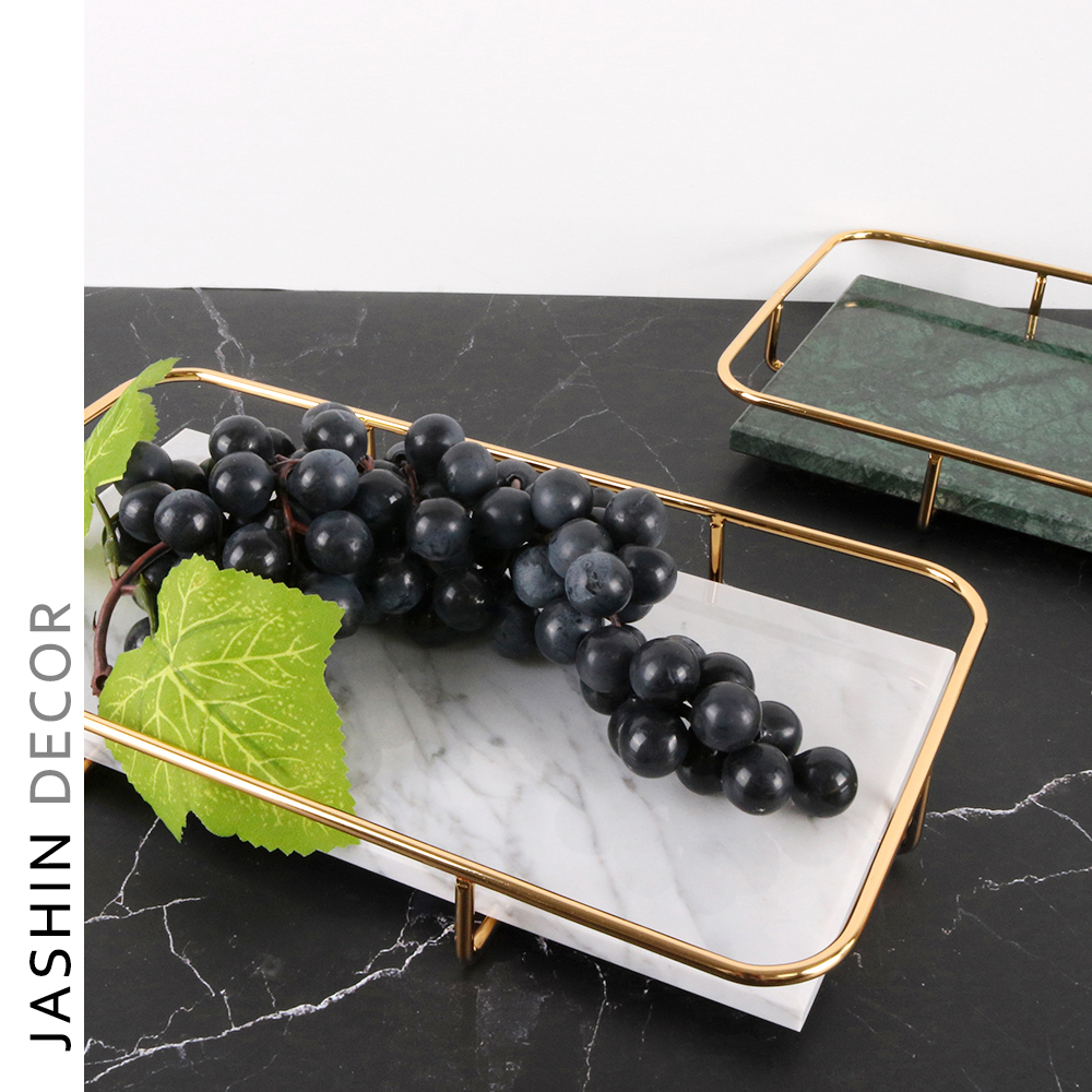 Wholesale White Green Black Decorative Rectangle Marble Serving Tray With Golden Handles marble tray