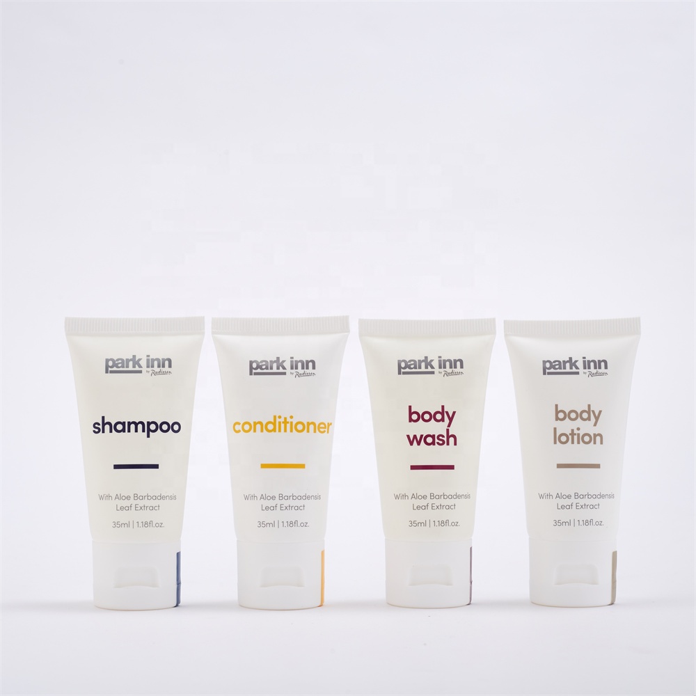 OEM Disposable Travel Hotel Amenities Silk Print Safety Seal Shampoo Conditioner Wash Lotion