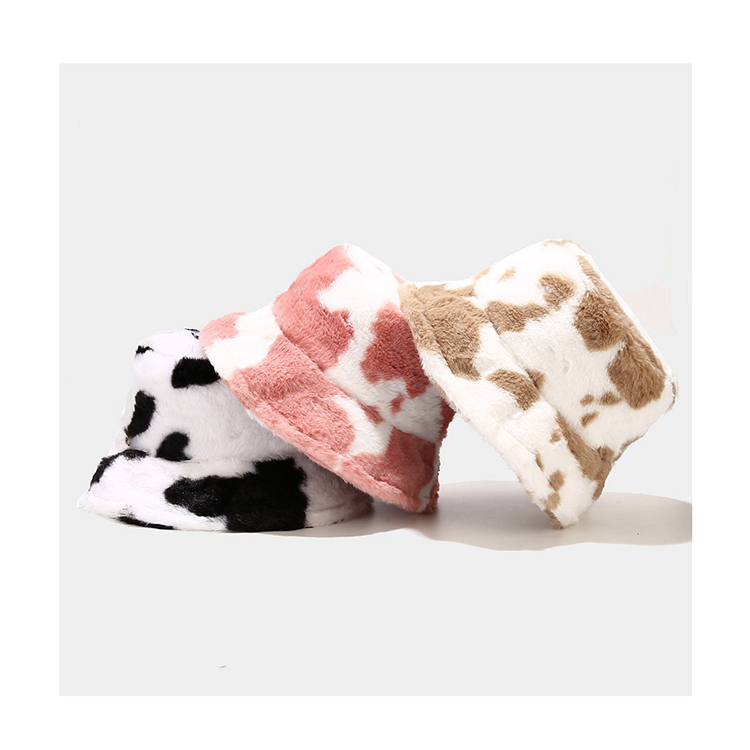 Women Faux Fur Cow Pattern Fall Winter Fisherman's Hat Thick Warm Plush Bucket Hats Furry Flat Top Gorras Milk Printed Basin Hat