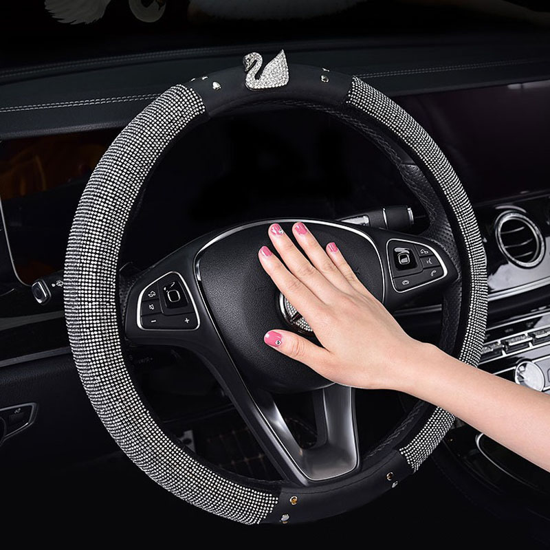 Girl Black Crown Leather Bling Bling Rhinestone Crystal Car Steering Wheel Cover Universal Car Accessories