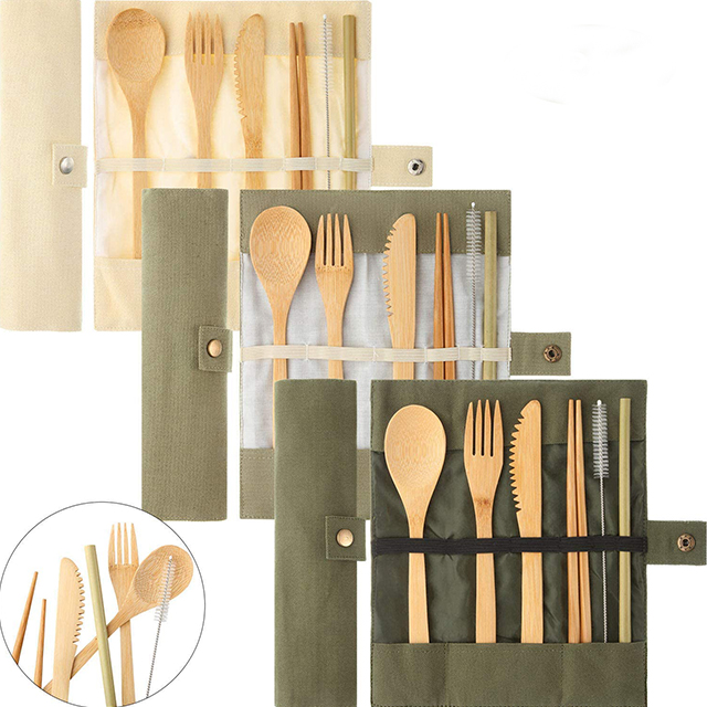 Wholesale Portable Travel Utensils Outdoor Flatware Biodegradable Bamboo Cutlery Set