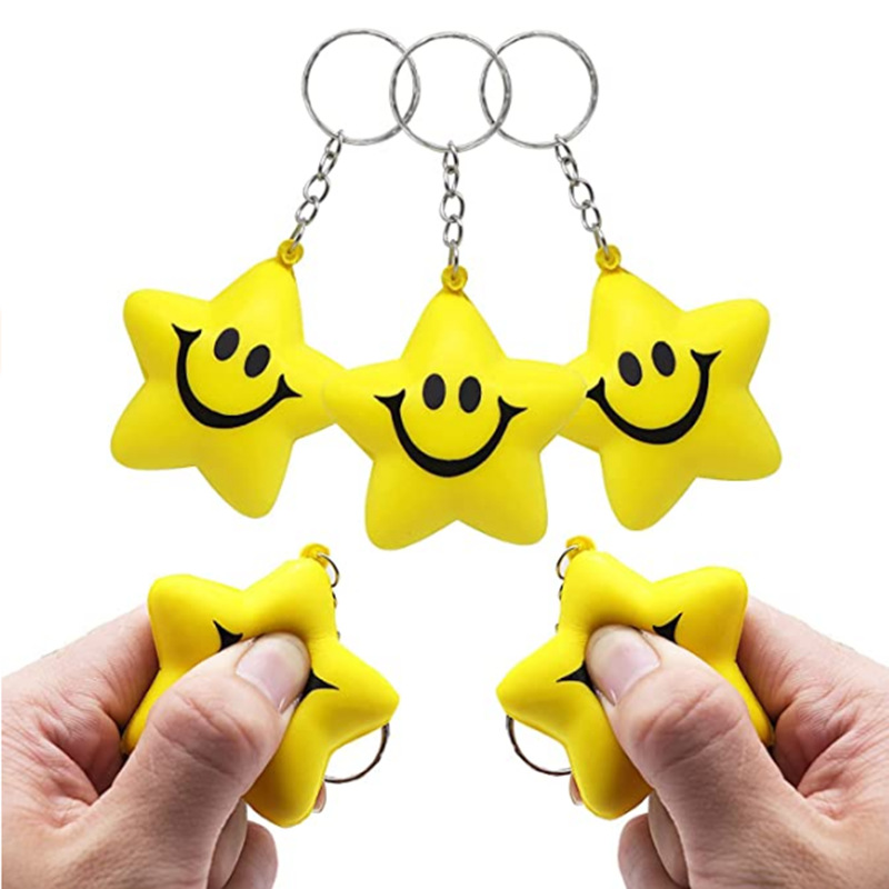 Unisex PU Foam Smiley Face Pentagram Stress Ball Children's 5 to 7 Years Age Relaxing Toy with keychain