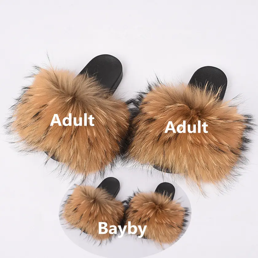 Fashion New Women Real Raccoon fur slides Baby toddler Fur Slides indoor outdoor large animal fur Slippers
