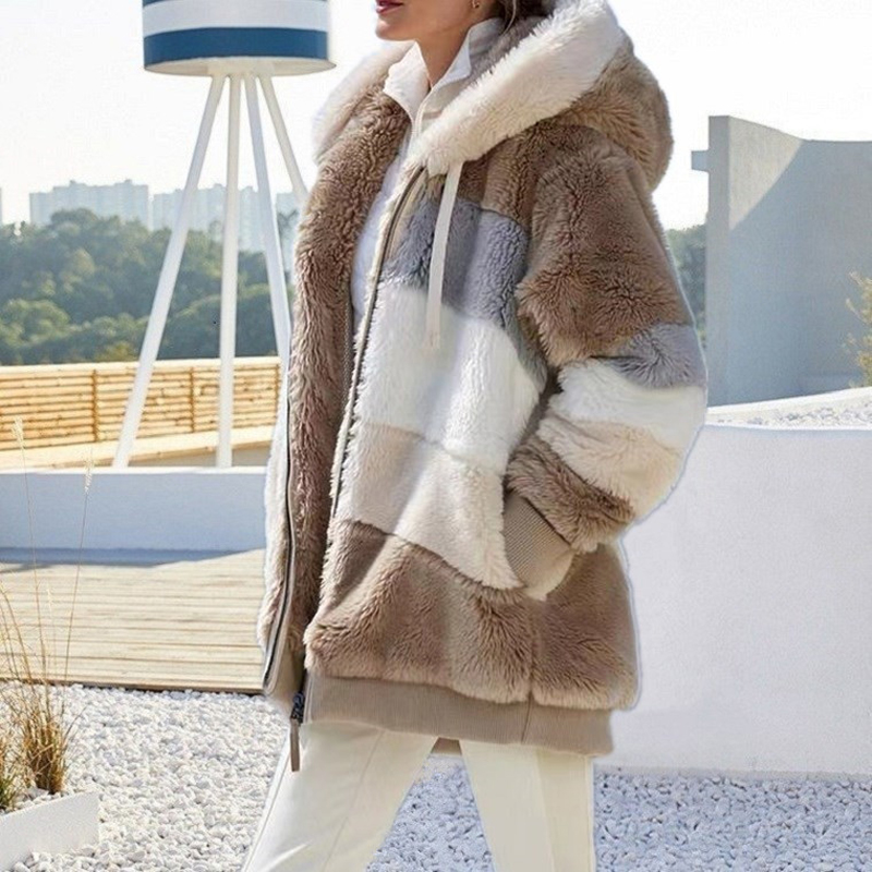 Chaqueta De Felpa Con Capucha Para Mujer Autumn Winter Women Warm Plush And Zipper Pocket Hooded Loose Women Jacket