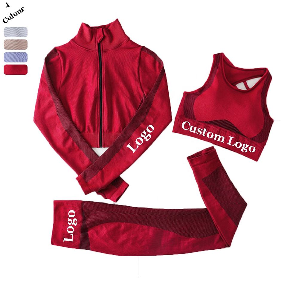 Women Seamless Activewear Long Sleeves Zipper Clothing Gym Yoga Set 3 Pcs Fitness Sport Gym Suits Wear Running Clothes