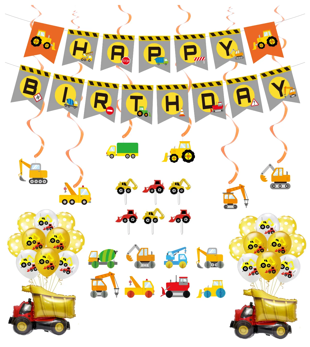 Construction Birthday Party Supplies Dump Truck birthday Decoration Set, birthday banner boys truck Party balloon cake topper