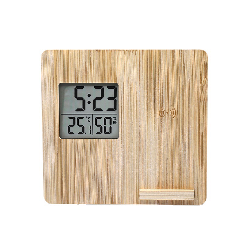 bamboo standing clock time temperature and humidity mobile phone stand wireless charging multi-function decoration