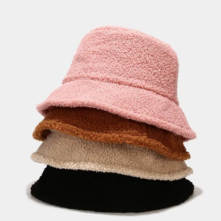 Wholesale Custom Logo Warm Winter Blank Pink Plush Faux Fur Wool Furry Fuzzy Fluffy Winter hat Sherpa Bucket Hat
