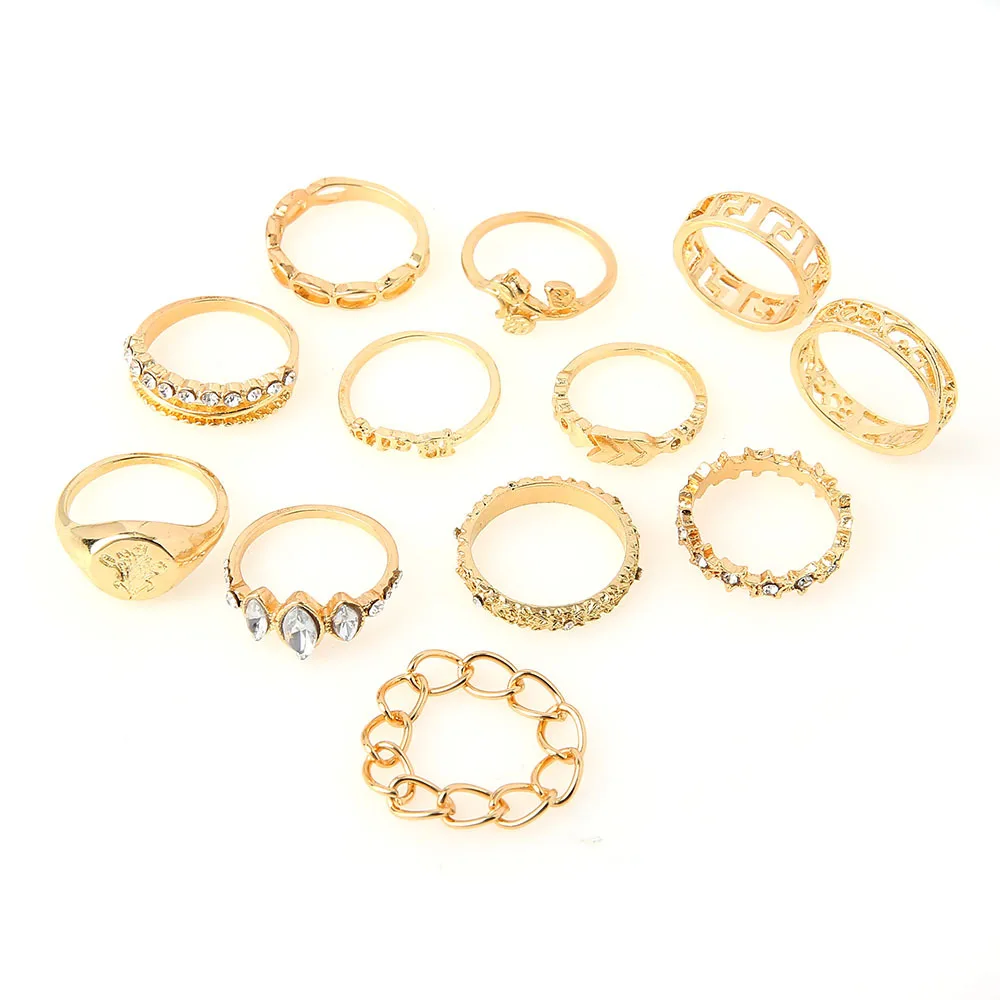 12PC/SET Bohemian Retro Gold Rings for Women Flower Leaves Hollow Crown Gem Ring Set Female Wedding party jewelry gift