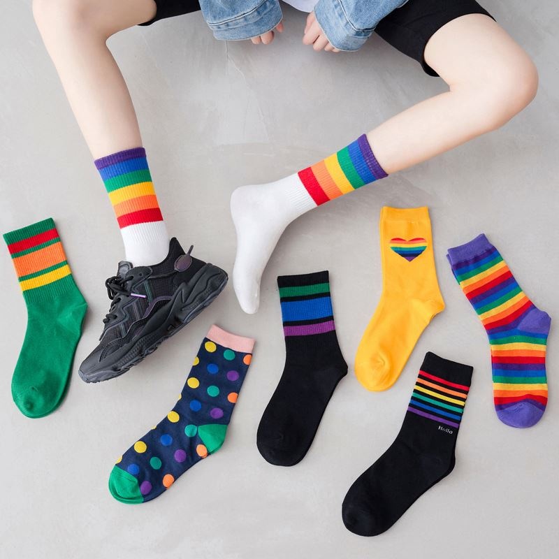 2021 Wholesale Ladies Fashion Socks Lesbian Bisexual Transgender Rainbow Stripe Gift Party Casual Cotton Spandex Socks