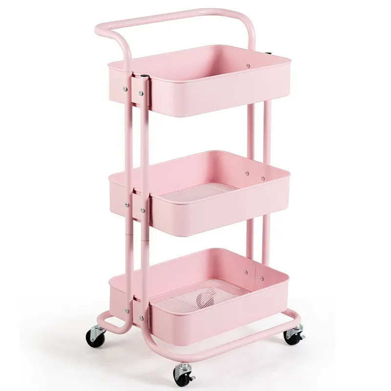 Hot sale home industrial shopping folding ABS hand carts trolleys pink 3 layer metal cart and trolley with wheels