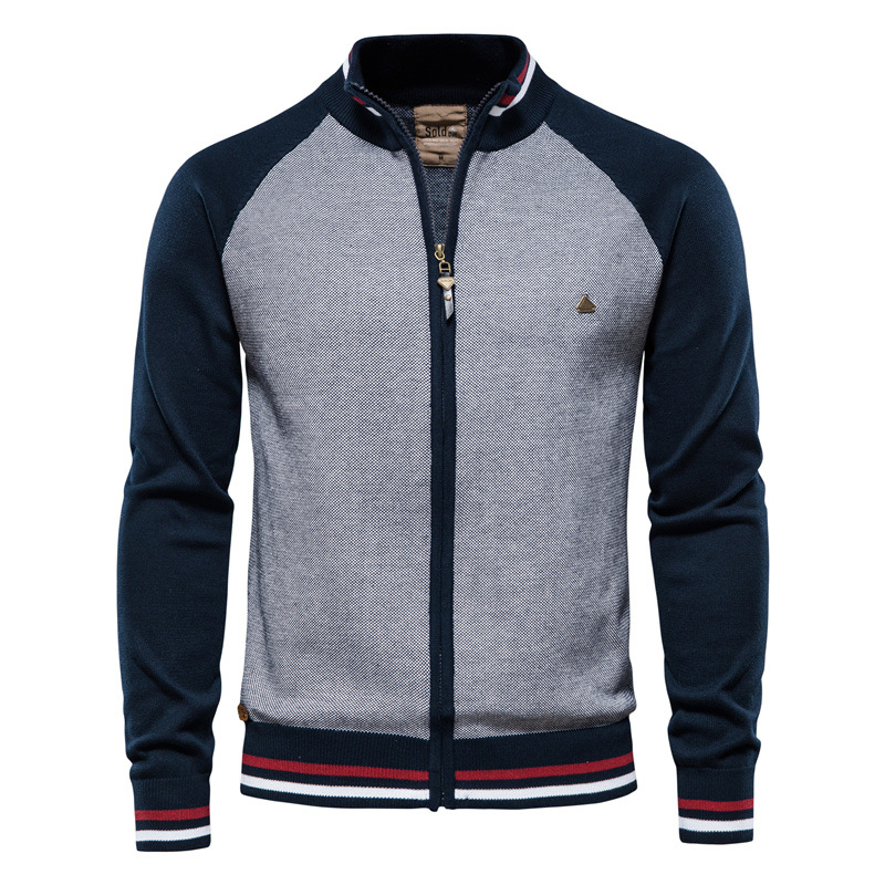 High quality cotton casual patchwork slim fit knit coat zip up sweater cardigan men