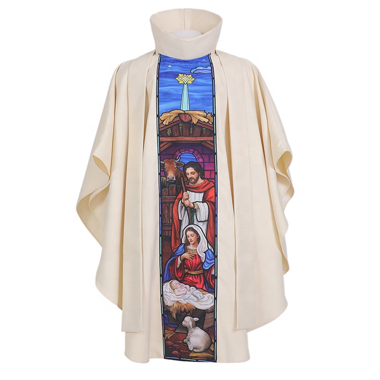 Текстурированный полиэстер с цифровым принтом Vestment с изображением художественного яркого витражного стекла Дизайн Рождества Chasuble костюмы