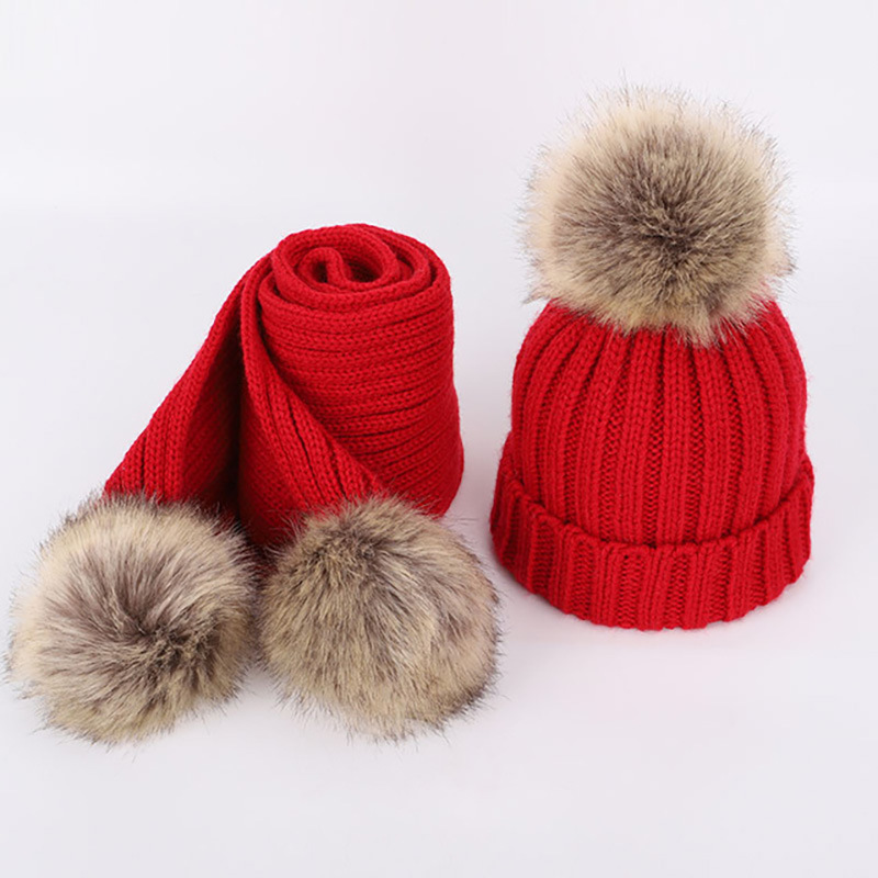 Wholesale Boys Girls Kids Toddles baby Knitted Beanie Winter Hats and Scarf Set with Faux Fur Pom Pom