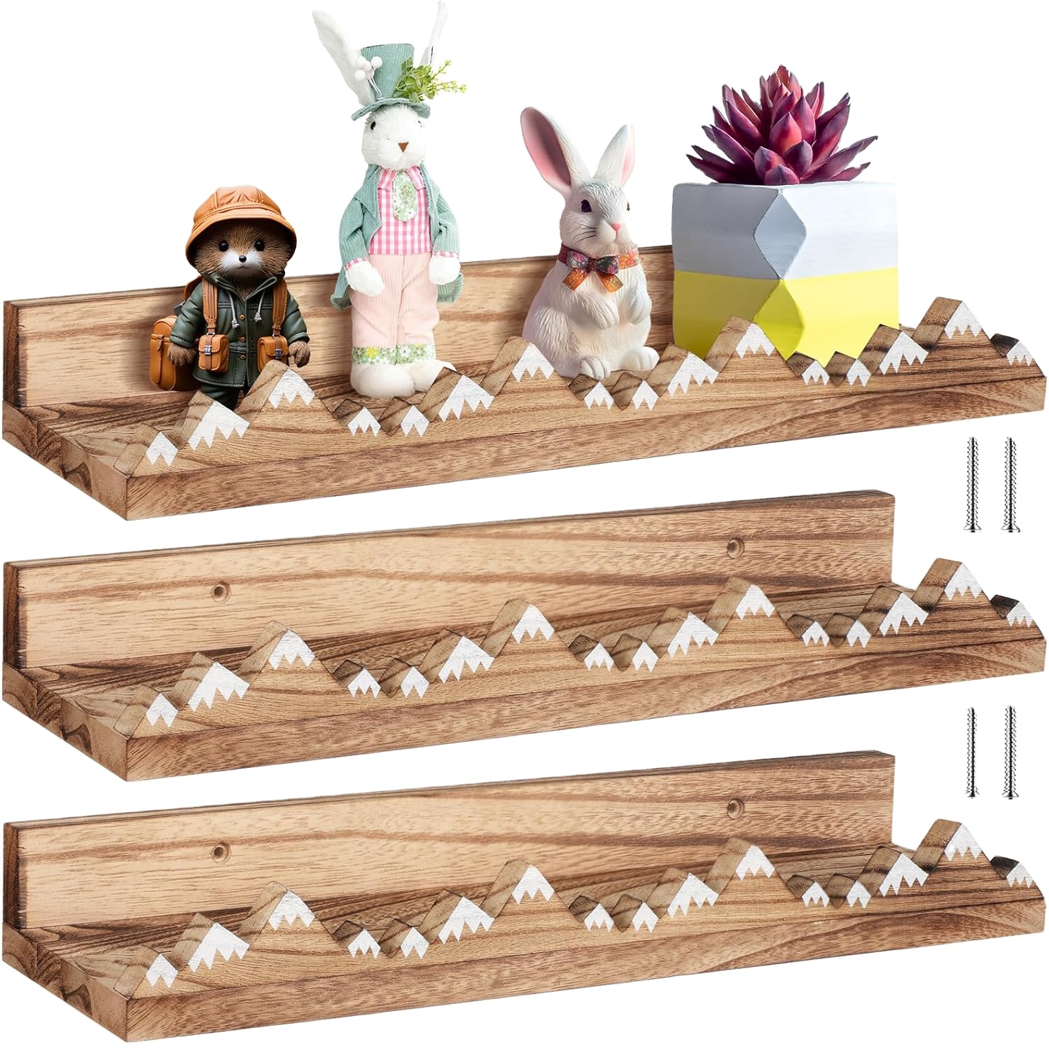 202405 3 Snow Mountain Floating Shelves Wood Nursery Book Shelves Wall Mounted Rustic Wooden Floating Book Shelves for Kids Room