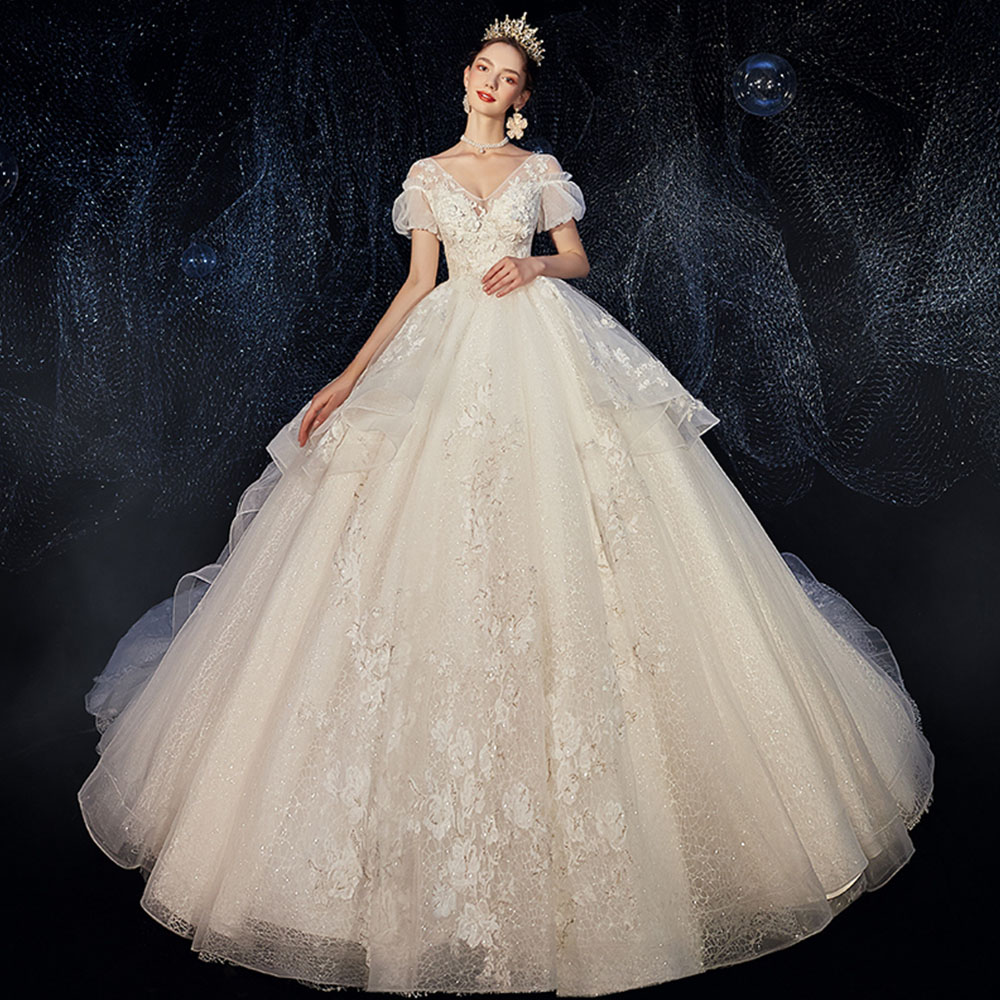 Pearls Sequins Lace Appliques Flowers Luxury Ball Gown Wedding Dress Vestido De Boda V-neck Short Sleeve Shiny Bridal Gowns