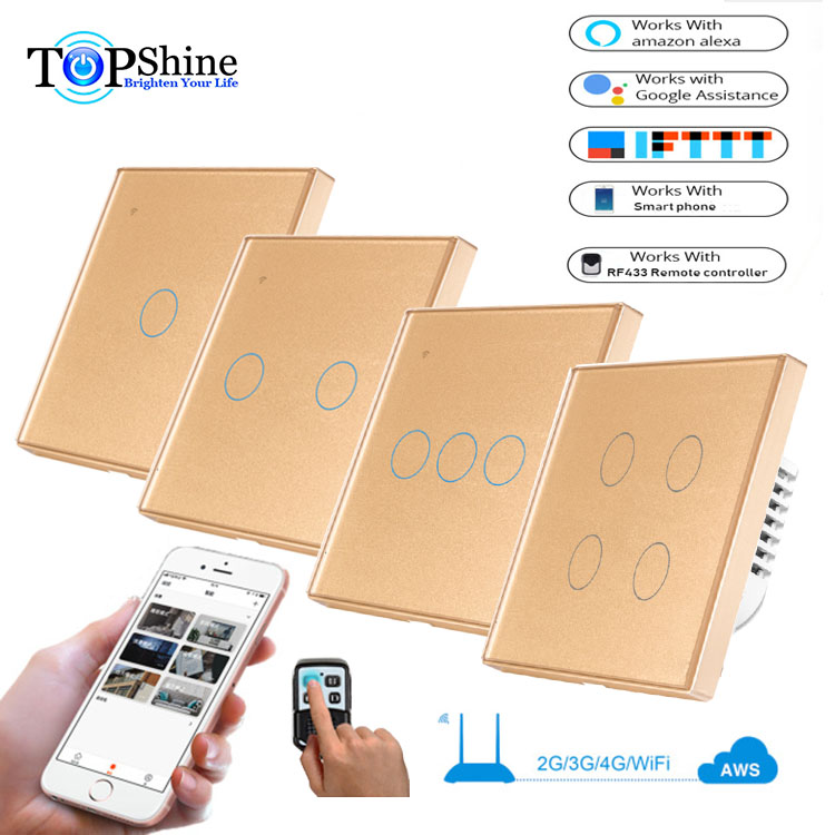 Topshine роскошное приложение Tuya и smart life, ЕС, Великобритания, 1, 2, 3, 4 клавиши, 2 канала, умный Wi-Fi, радиочастотный сенсорный переключатель с одиночной проводкой прямого эфира