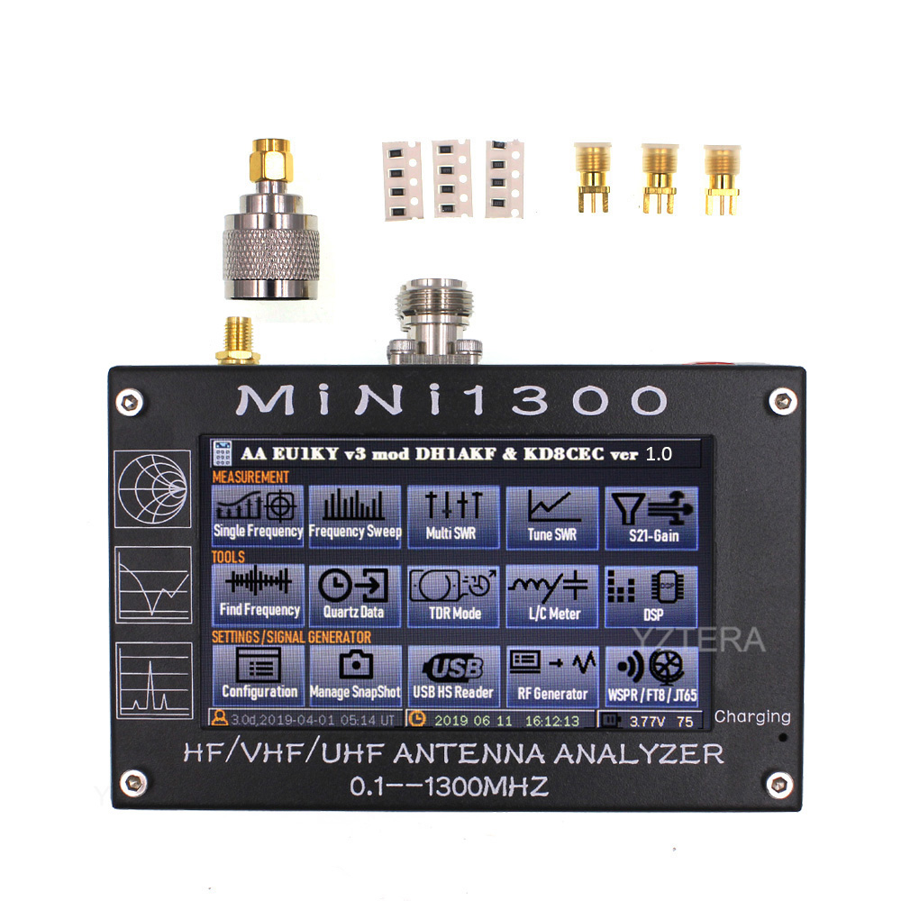 MINI1300 5V/1.5A HF VHF UHF анализатор антенны 0,1-1300 МГц счетчик частоты измеритель коэффициента стоячей воды 0,1-1999 с 4,3 "TFT ЖК-дисплей с сенсорным экраном