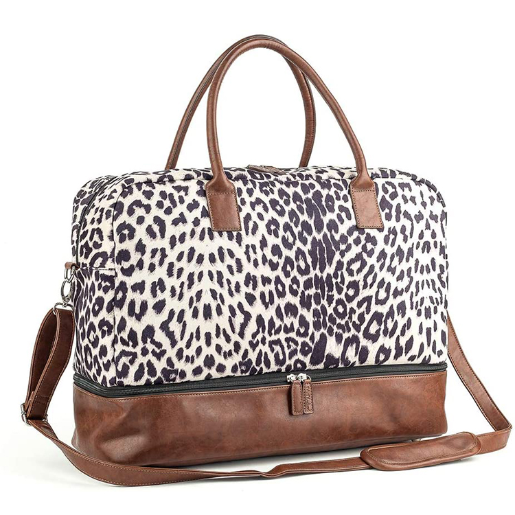 Custom Women leopard print PU leather Weekender Overnight Travel Carry On Duffel Bag with Shoe compartments