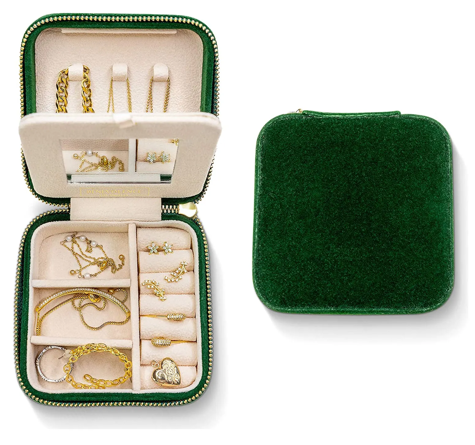Plush Storage Travel Women's jewelry cases emerald velvet earrings storage case with mirror