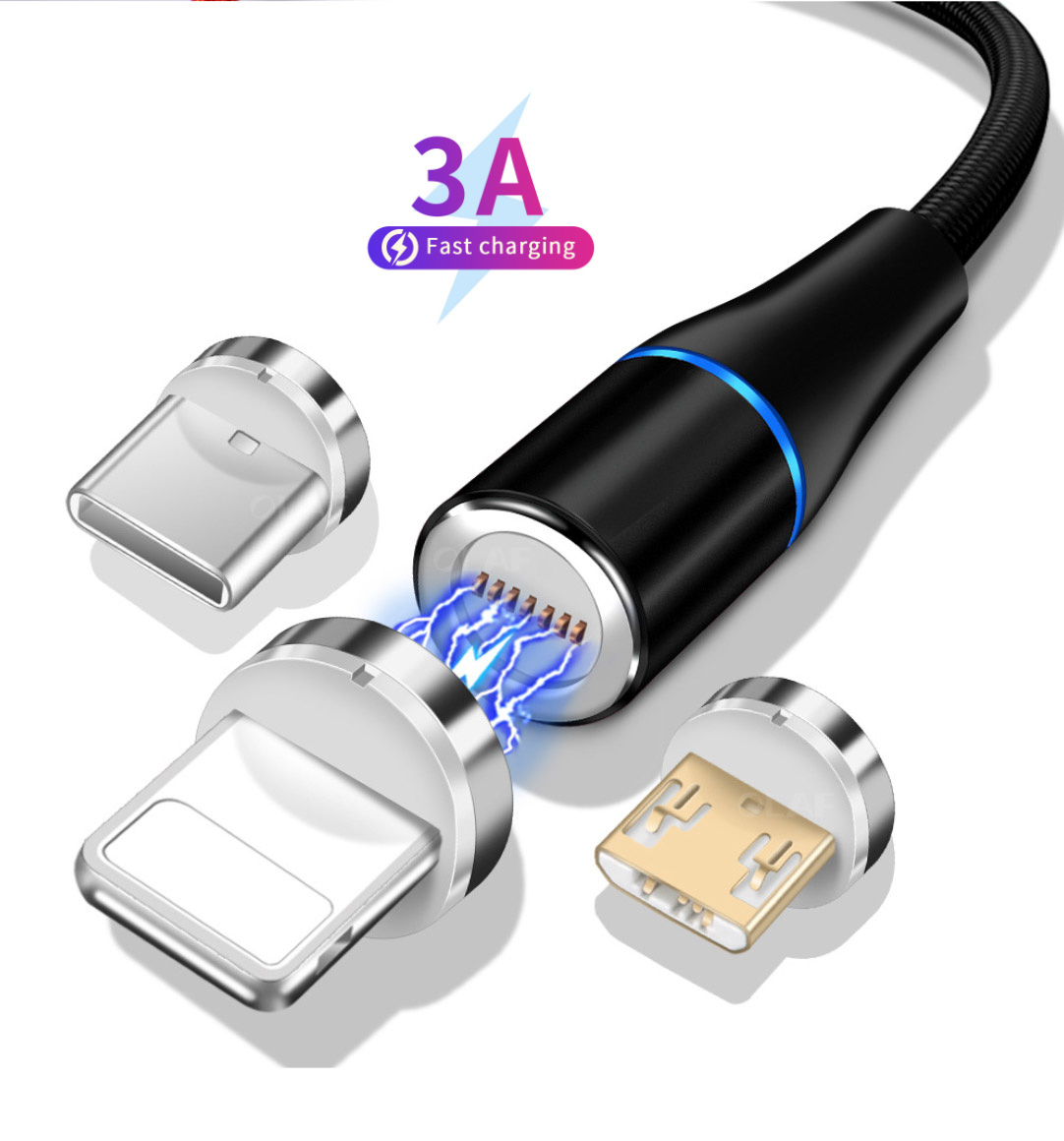 В наличии, 360 градусов, магнитный USB-кабель для зарядки, нейлоновый Плетеный 3A Магнитный кабель для быстрой зарядки и передачи данных