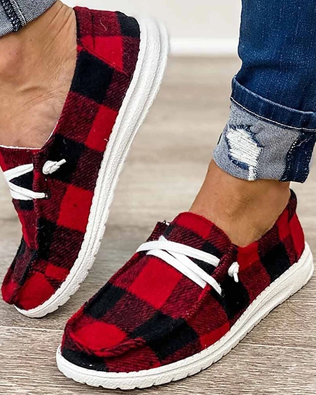 Hot Sale Women Slip-on Flat Sneakers Buffalo Plaid Canvas Shoe