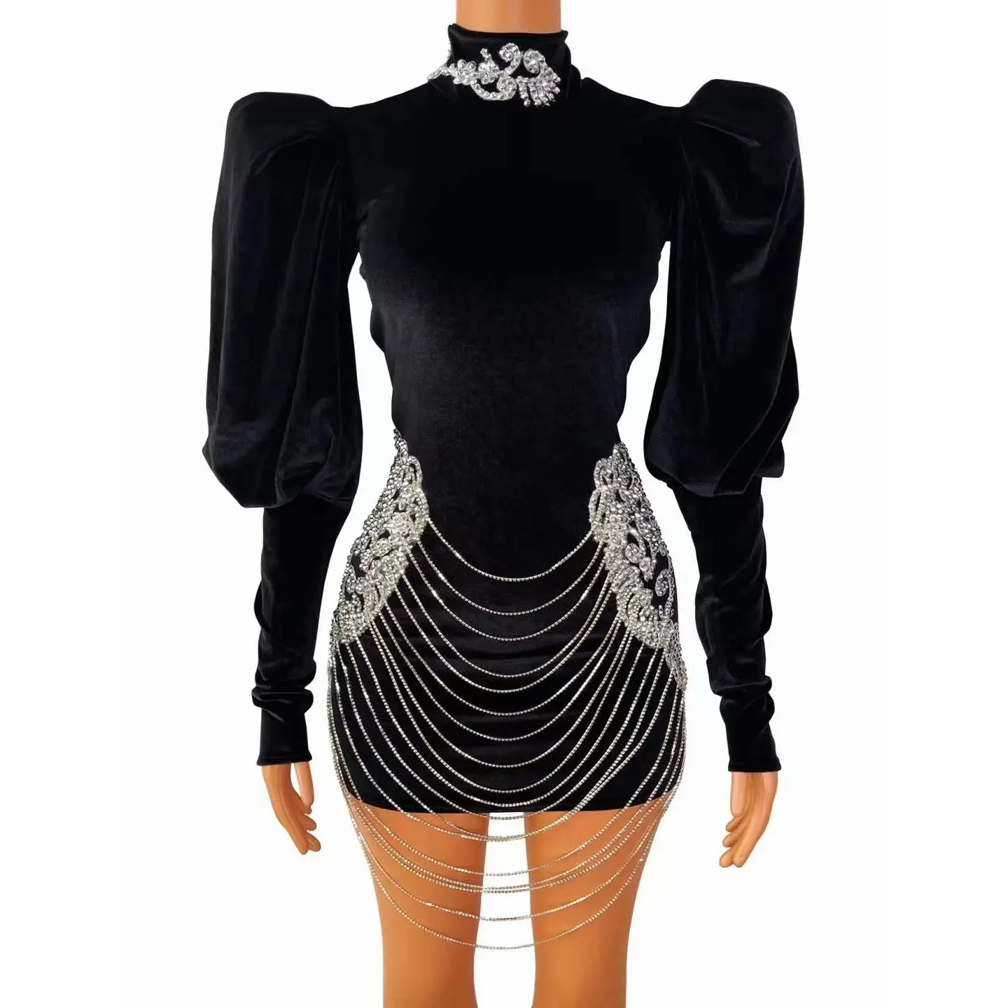 2022 New Fashion Turtleneck Elegant Dress Beaded Club Wear Mini Long Sleeve Dresses Women Black Club Dress