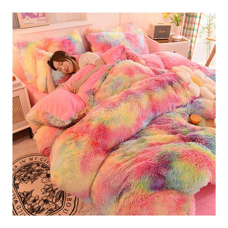 Rainbow Color Faux Fur Velvet Fluffy Plush Soft Bedding Bed Warm Winter For Girl Sheet Set 4 Pieces Duvet Cover Set