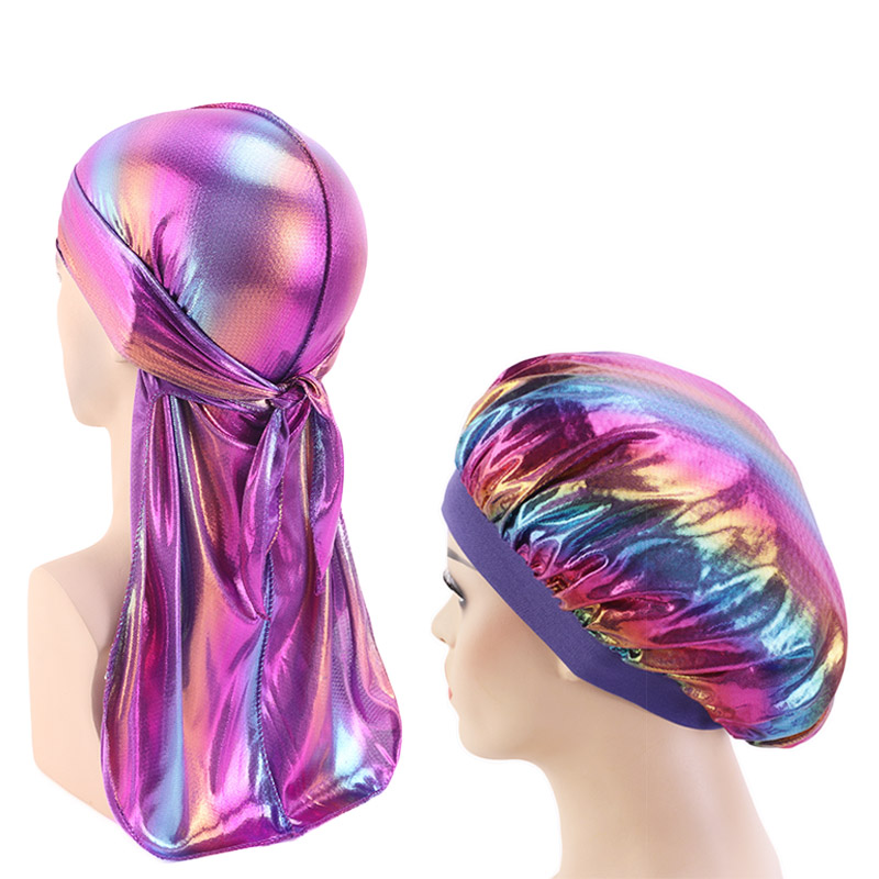 Модный набор из 2 предметов для мужчин и женщин, лазерная голограмма Durag 360, шелковистые парные прочные косточки и Чепчики