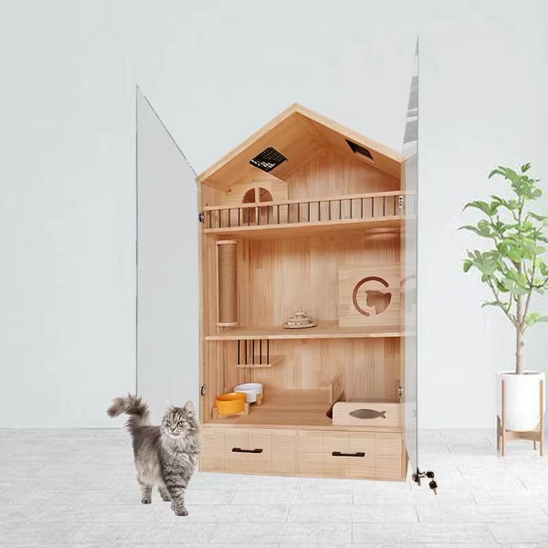Hot Sale Custom Three Layer Luxury Solid Wood Pet House Cat Villa Wooden Indoor Cat House
