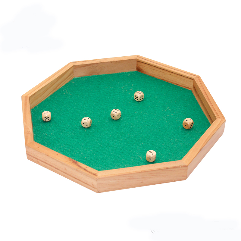 wooden octagonal dice tray staging area set with tray and box