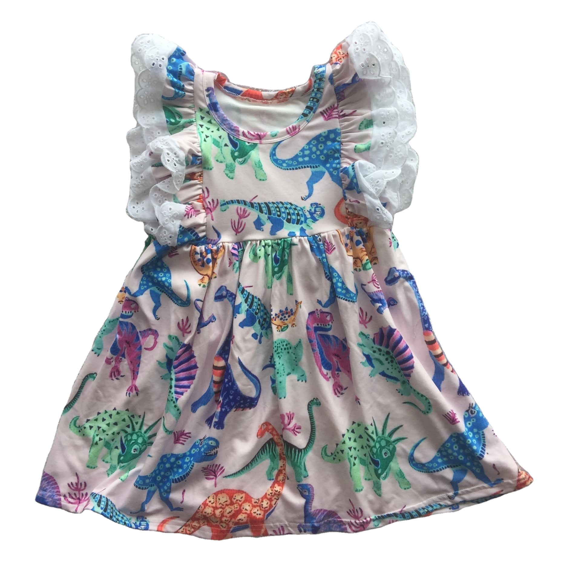 LZ2021 Fashion girls clothes dress lace flaresleeve dinosaur printing children clothes baby girl dress summer clothing