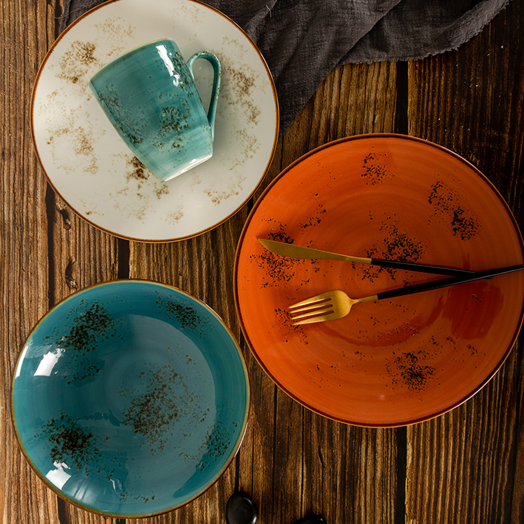 Bespoke designs banquet round ceramic dinining plates green cafe and restaurant plates rustic main dish 4piece