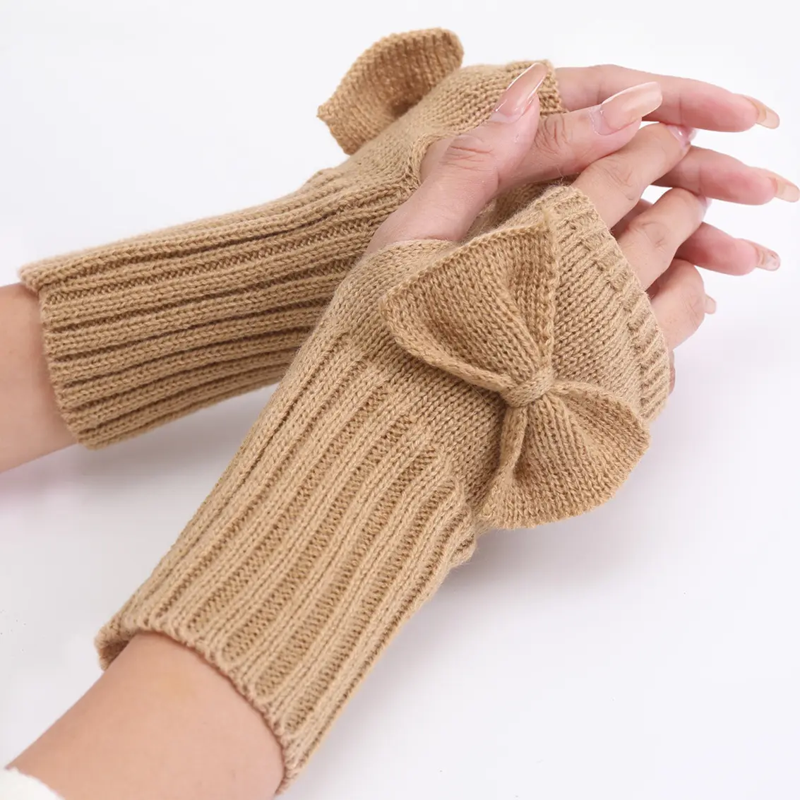 2021 New Bowknot Cute Fashion Gloves Knitted Woolen Warm Half-finger Gloves