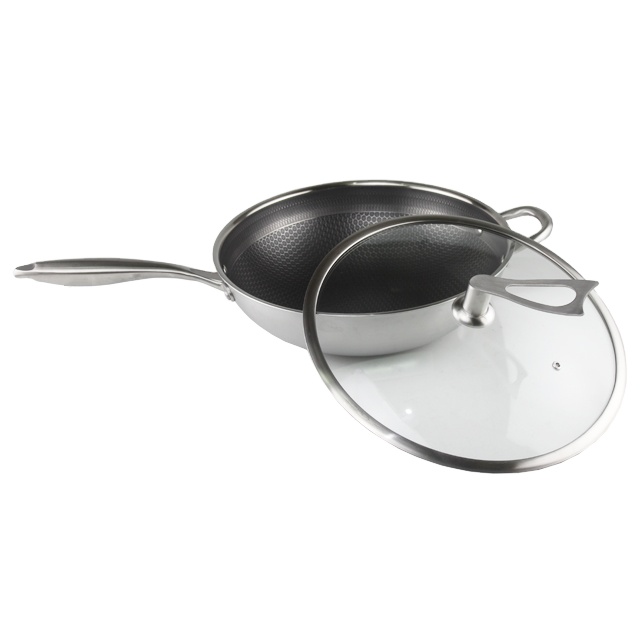 32cm Stainless steel cooking pan non stick frying pan with two handle and cover