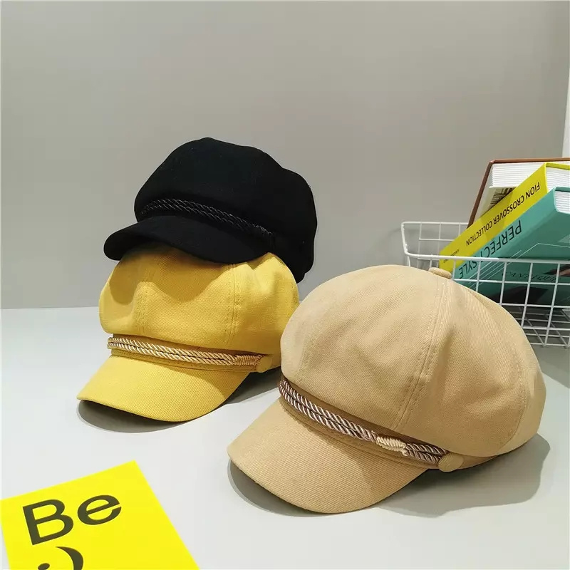 Оптовая продажа, женский модный однотонный хлопковый берет с веревкой