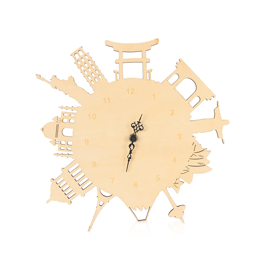 Custom Natural Wood Decoration Wooden Sculpt The World Attractions Wall Clock
