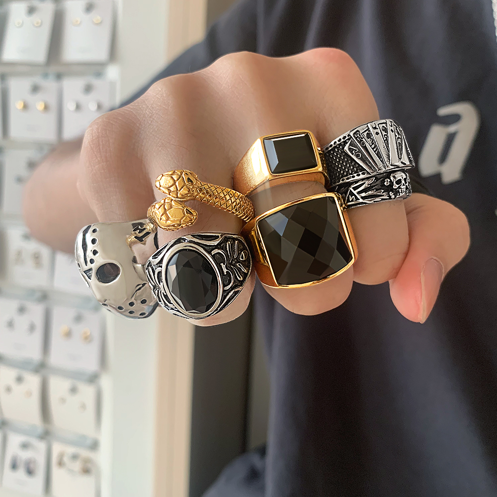 Dylam Men Jewelry 2021 Trendy Silver Gold Plated Chunky Agate Onyx Stainless Steel Rings For Man