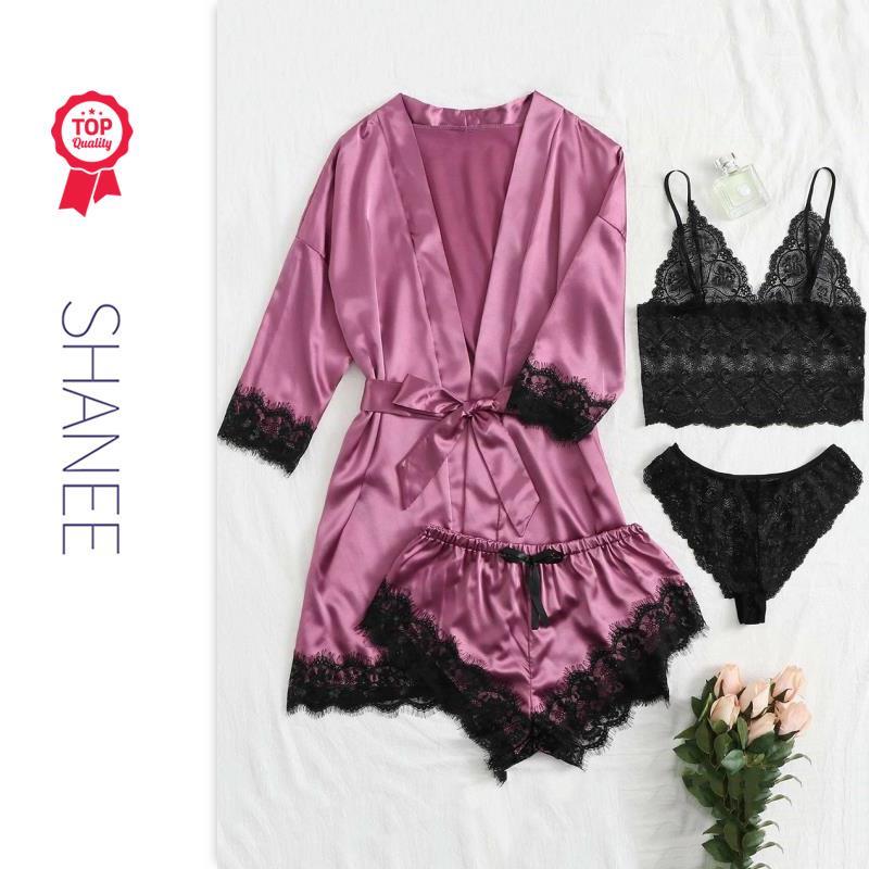 Shanee 4 шт с цветочным рисунком, кружевное нижнее белье, набор нижнего белья, с сатиновым поясом халат для сексуальных женщин SL2102023-SLM-QS